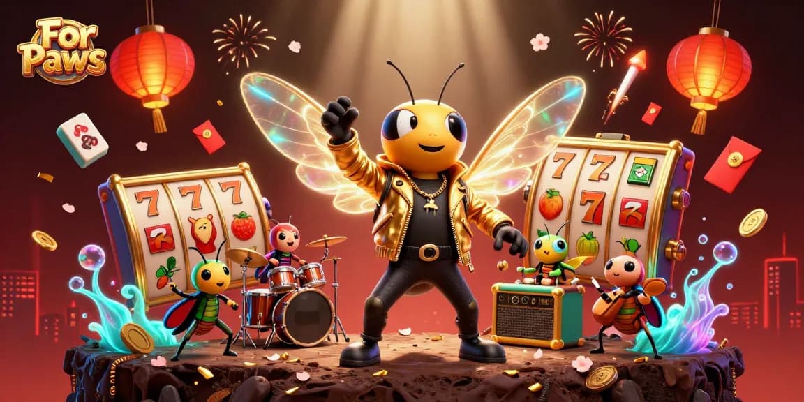 Engage with For Paws as the cicada rock star spins slot reels amidst vibrant casino elements.