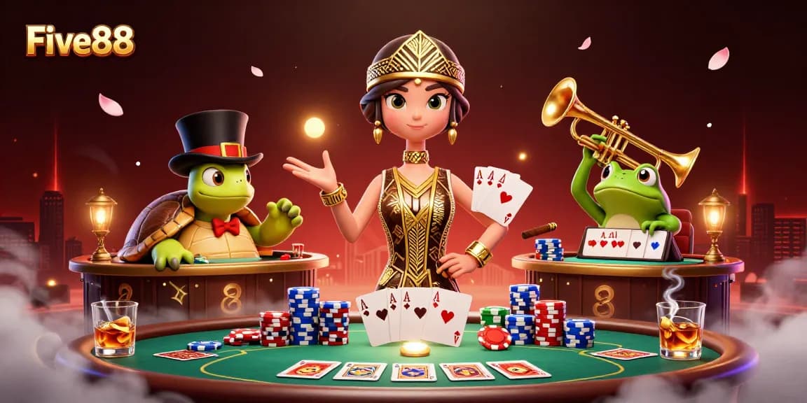 Experience the excitement of Five88 as poker chips and cards scatter dynamically around characters in a vibrant casino setting.