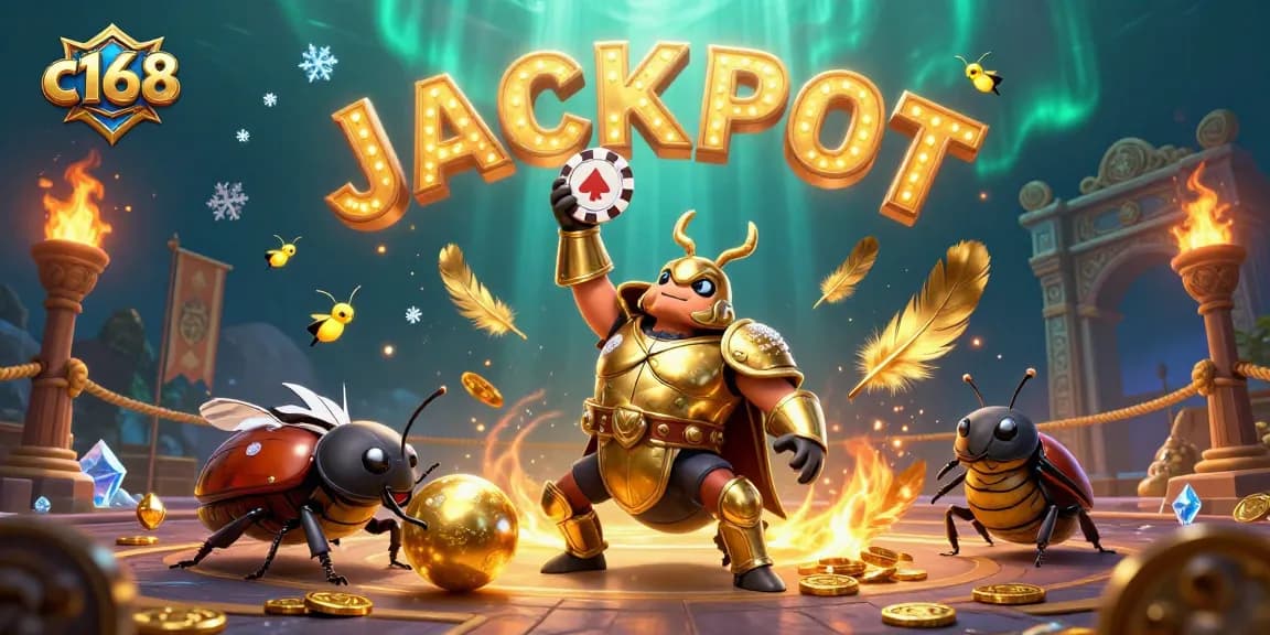 C168 players celebrate big wins at a vibrant casino featuring a triumphant beetle character lifting a poker chip over an energetic background.