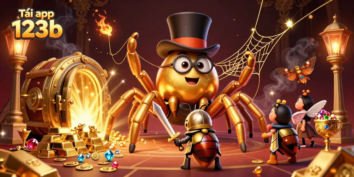 Experience Tải app 123b with colorful illustrations of a brave beetle knight and a golden tarantula in a casino scene.