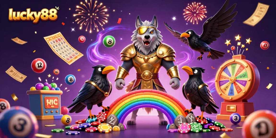 Experience the excitement of lucky88 with vibrant scenes and dynamic gambling elements in this captivating illustration.