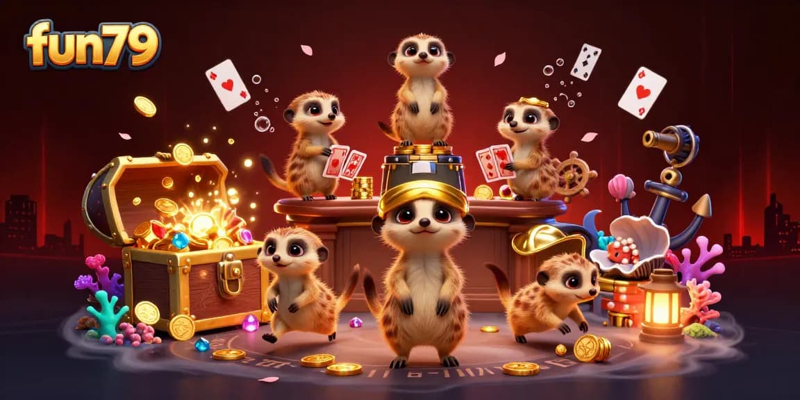 Experience fun79's vibrant casino scene with cartoon meerkats managing games and treasure for thrilling wins.