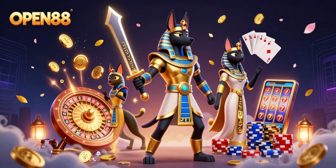 Cascade golden coins and gems while exploring OPEN88's gaming world with Anubis and Bastet.
