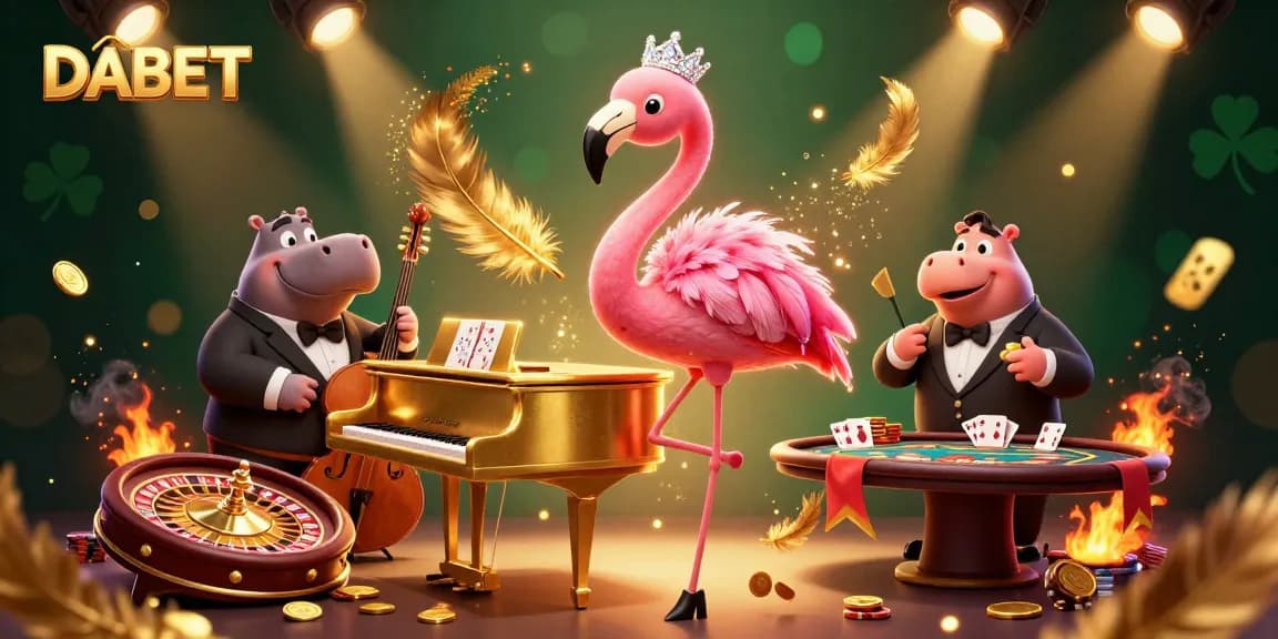 DABET invites players to enjoy a vibrant casino atmosphere filled with excitement, featuring a flamingo pianist and a hippo bassist.