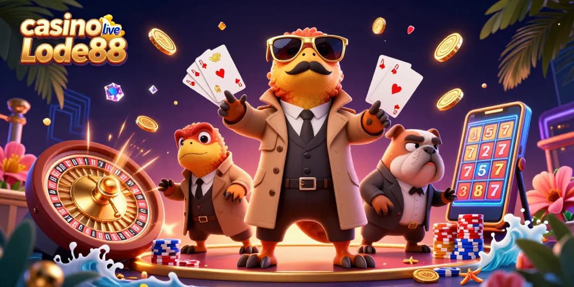 Experience the excitement of casino live Lode88 with raptors in disguise entering a VIP lounge, amidst vibrant gaming elements.
