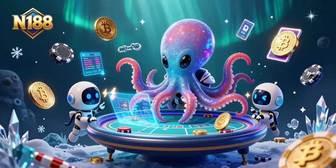 N188 online casino scene featuring a vibrant alien octopus and robot at a poker table with crypto coins.