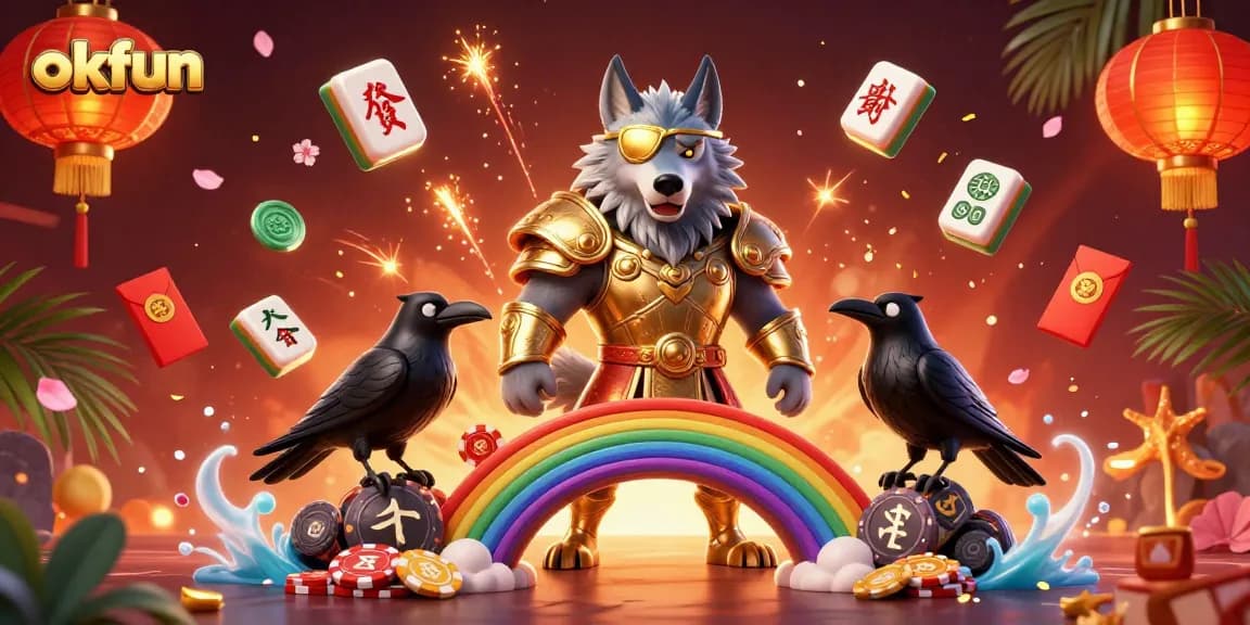 Experience exciting gaming with okfun in a vibrant casino-themed scene featuring mythical characters.