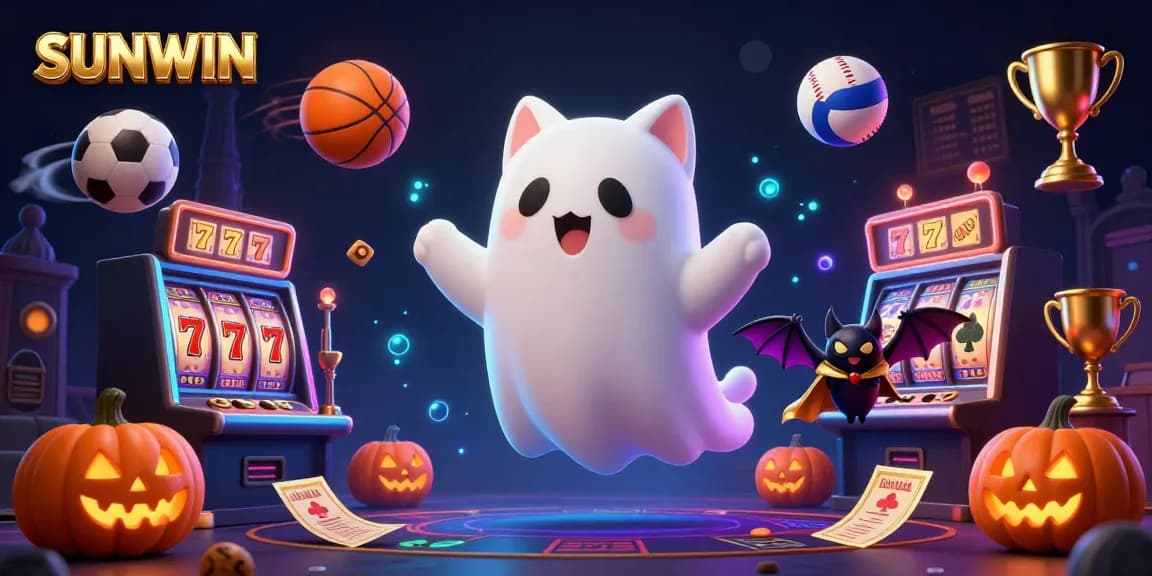 SUNWIN's engaging ghost cat and vampire bat thrill players in a vibrant haunted casino scene.