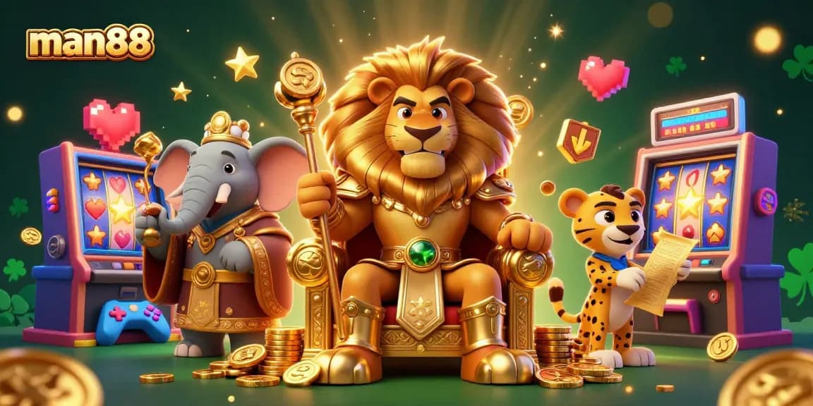 Experience the excitement of man88 with a vibrant 3D scene showcasing a regal lion king surrounded by casino elements.