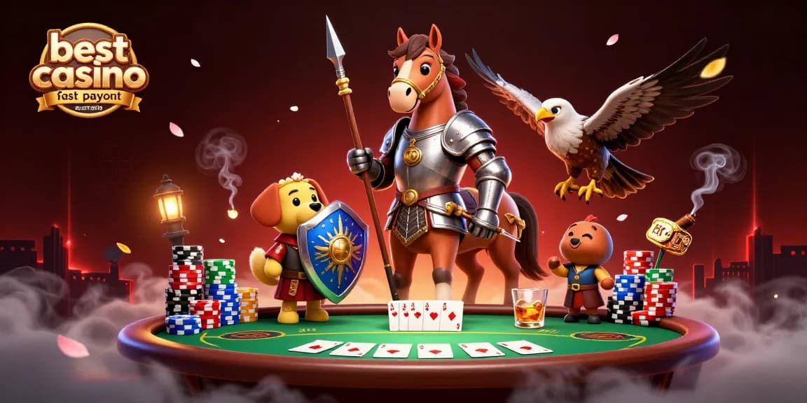 Engage with the best online casino fast payout Australia through an exciting 3D scene of knights and gaming elements.