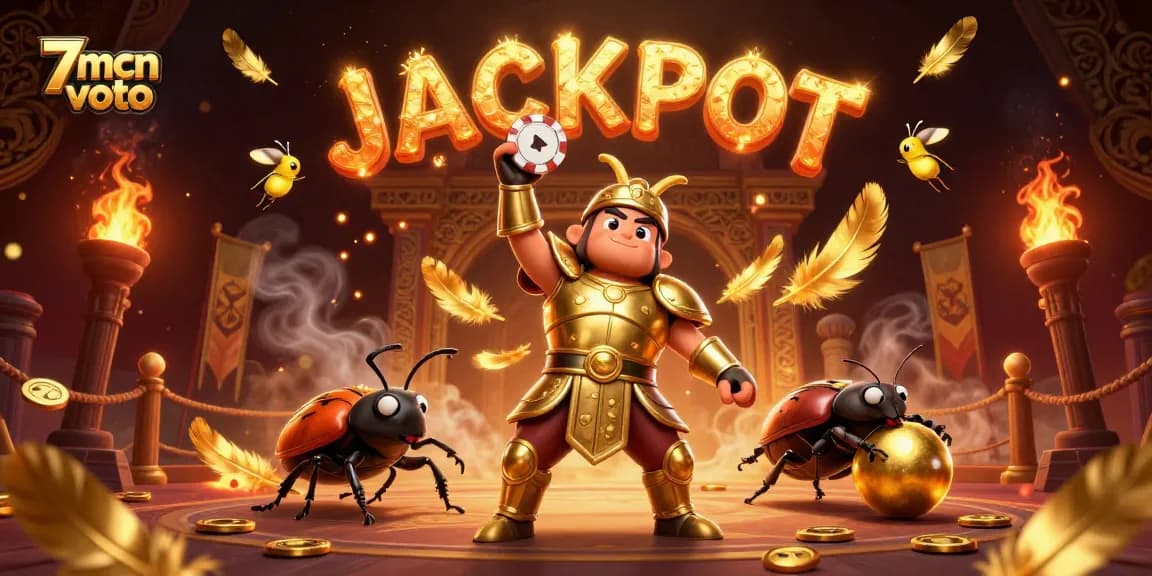Experience the thrill of 7mcn voto as the gladiator beetle wins in a vibrant casino scene.