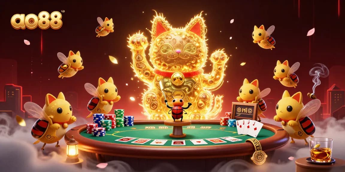 Ao88 showcases a vibrant casino scene with a lucky cat and poker elements for online gamers.