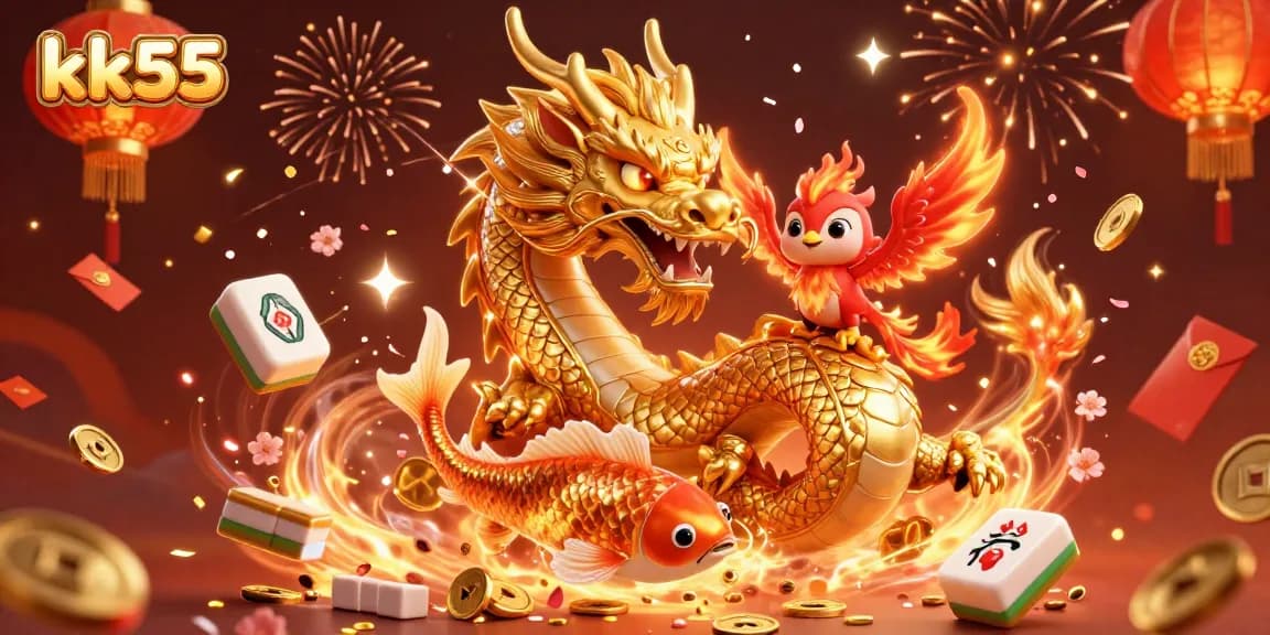 Experience thrilling gaming at kk55 with a spectacular dragon and phoenix amidst a celebration of luck.