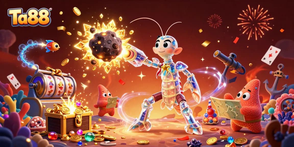 Ta88 introduces exciting slots gameplay with a dynamic illustration of a mantis shrimp and treasure.