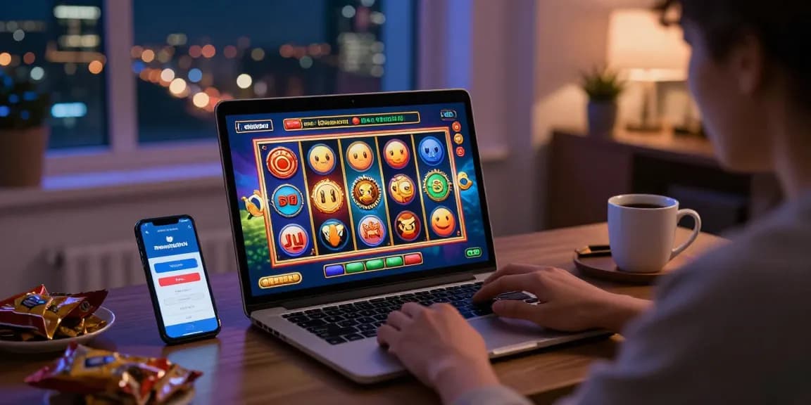 Exciting gaming scene for situs slot deposit 10 ribu with interactive online slots displayed on a laptop.