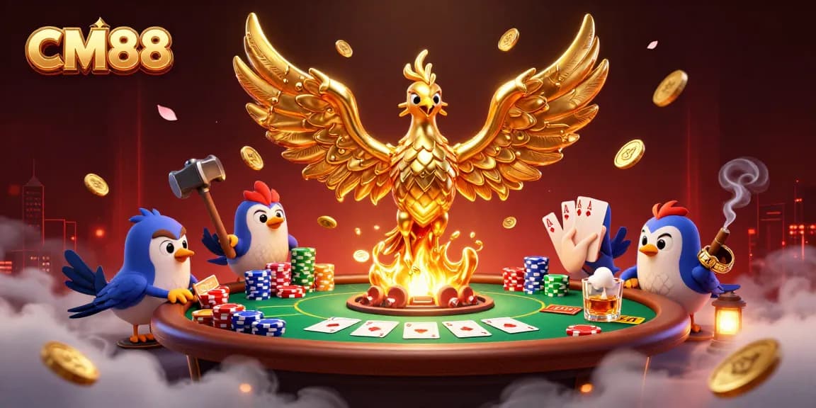 CM88's molten golden phoenix symbolizes winning strategies in a vibrant casino atmosphere.