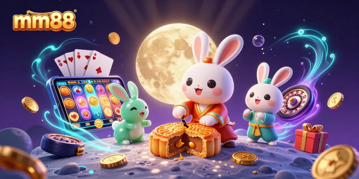 Experience the excitement of mm88 with a vibrant casino-themed 3D illustration packed with gaming elements.