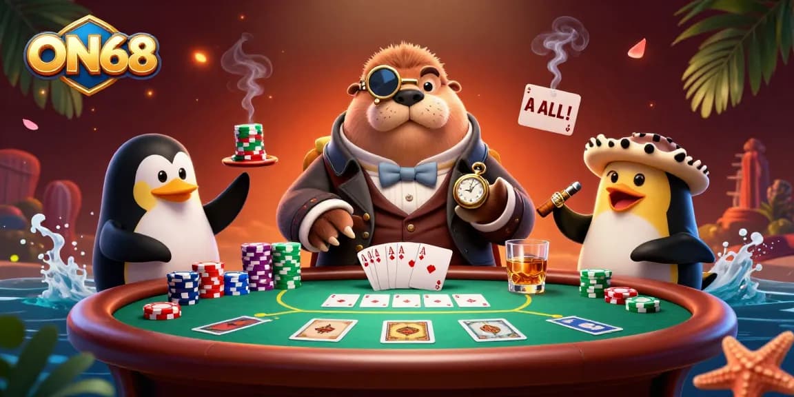 Experience thrilling gameplay at ON68 with a jolly walrus, penguin dealer, and pufferfish at a poker table.