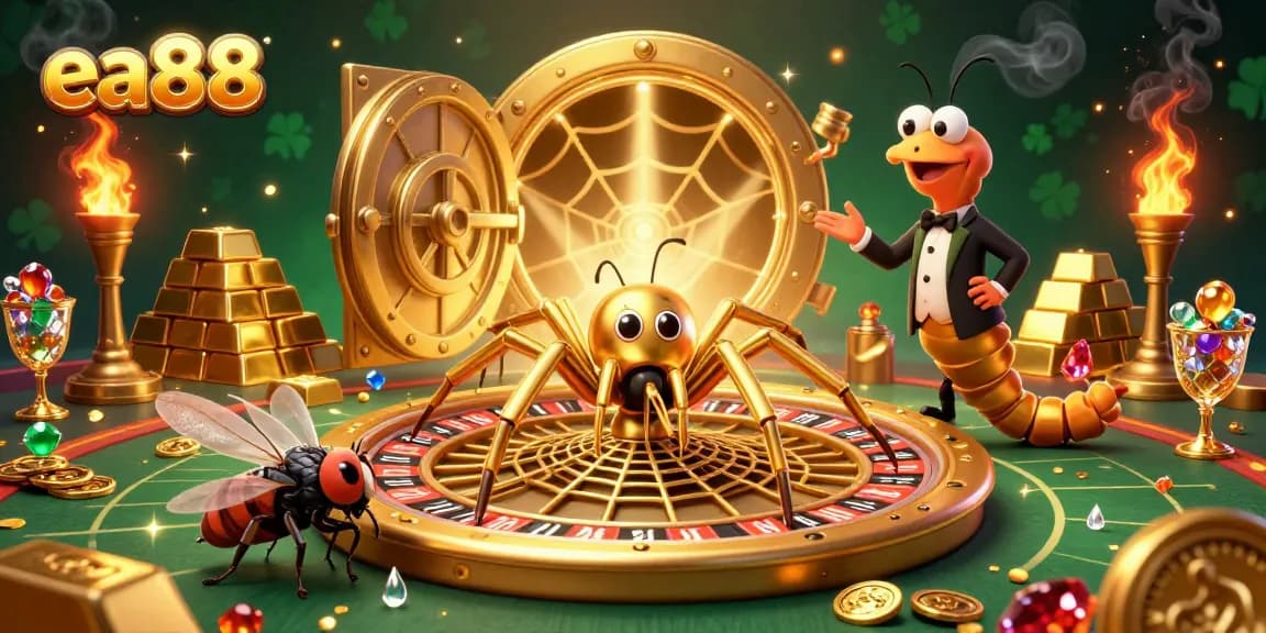 Engaging scene of ea88 casino action with a spider, fly, and centipede in a vibrant golden setting.