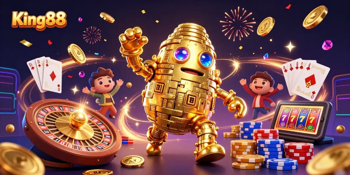 Experience the excitement of King88 with a dynamic illustration of a golden golem, treasure, and casino games.