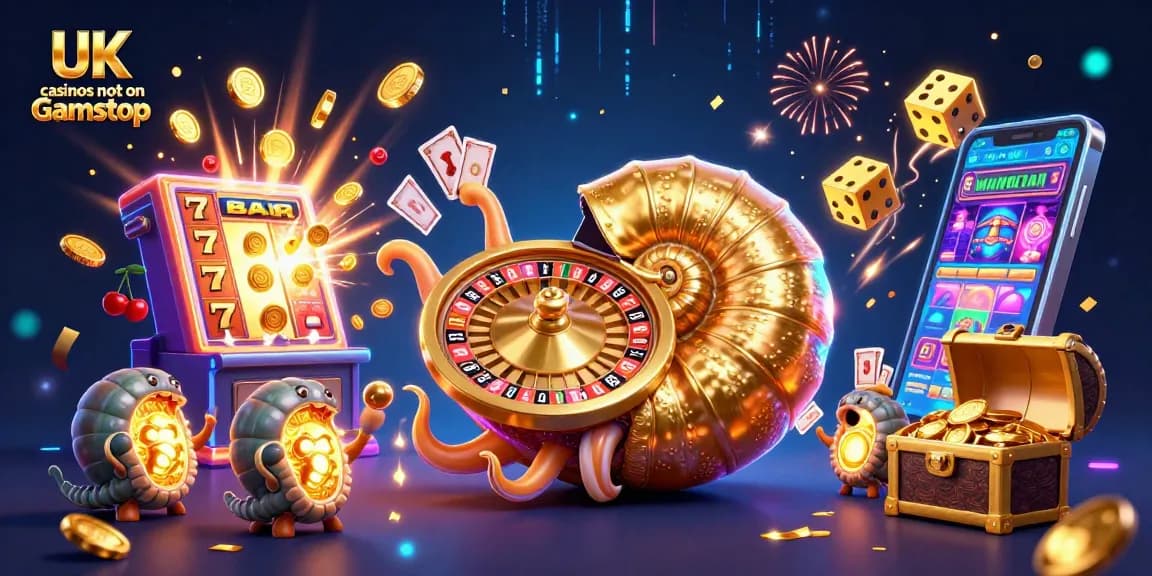 Join the excitement of UK casinos not on Gamstop with a giant nautilus, cards, and lavish casino elements.