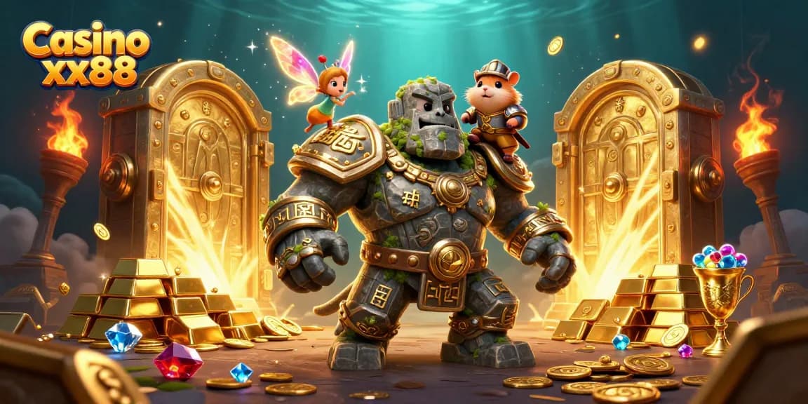 Witness the magic of Casino xx88 with a vibrant 3D scene of a stone golem and fairy.