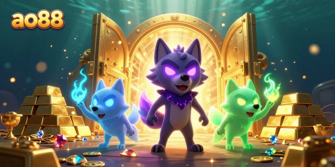 Experience thrilling winnings at ao88 with glowing wolf characters and treasure-filled casino elements.
