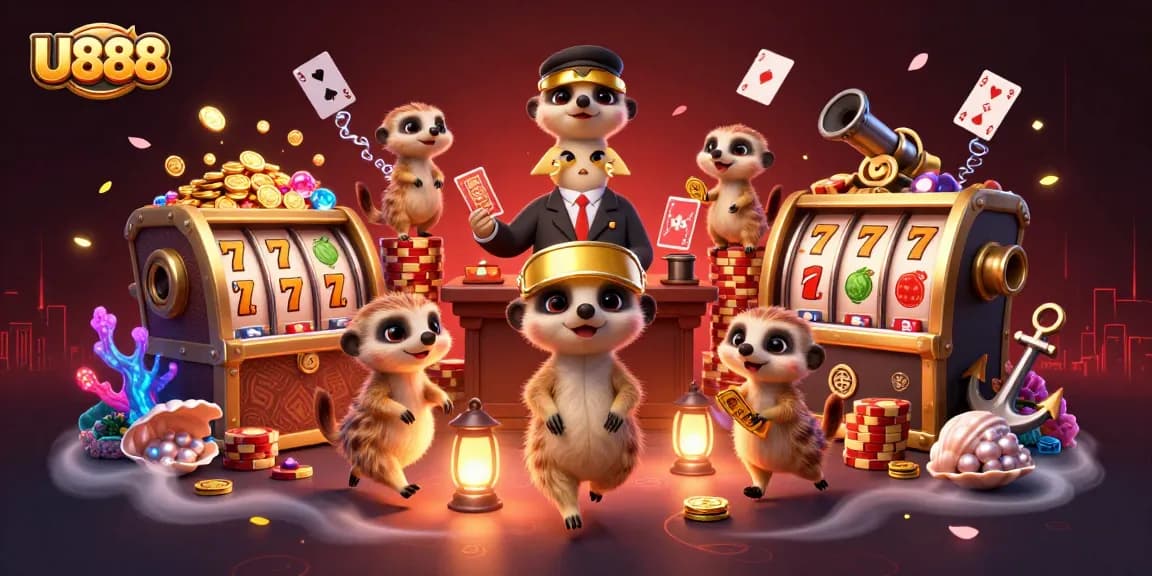 U888 showcases a lively meerkat casino scene with slot reels, colorful gems, and card dealers.