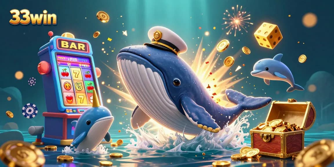 33win showcases an exciting casino scene featuring a cartoon whale with a jackpot explosion, coins, and gaming elements.