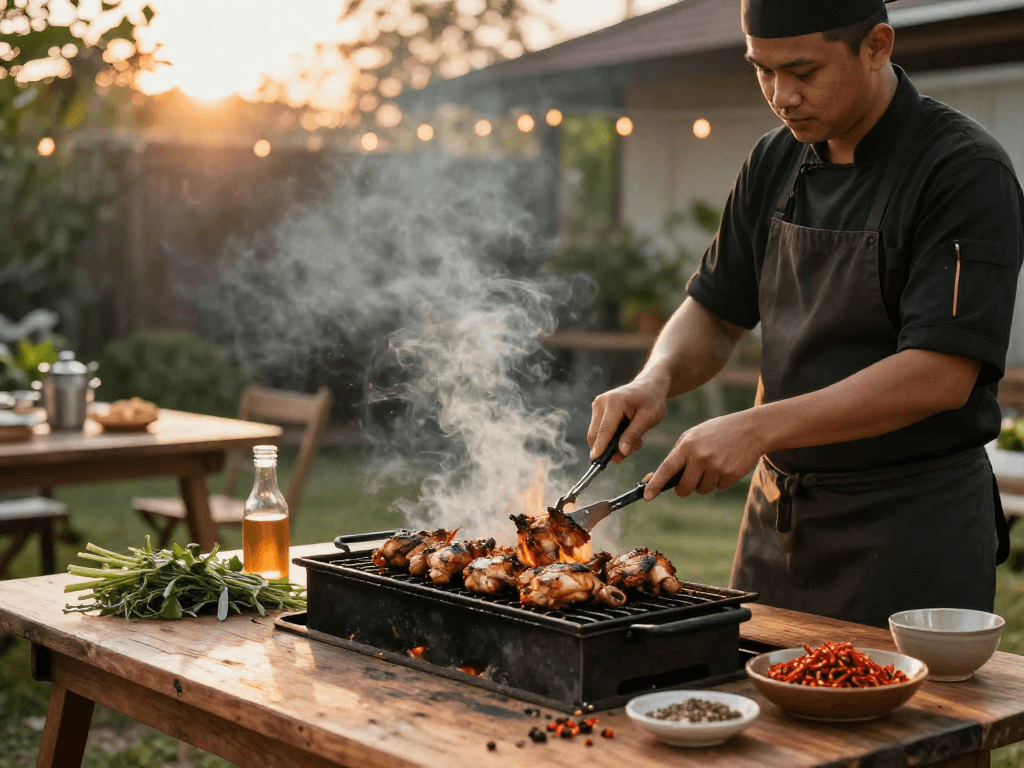 Delicious grilled ayam bakar with sambal rawitan by rokok88, showcasing marinated chicken over flames.