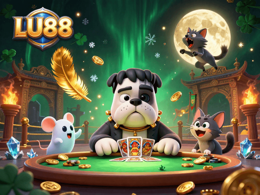 LU88 showcases an animated scene with a monster dealer at a haunted table surrounded by vibrant casino elements.