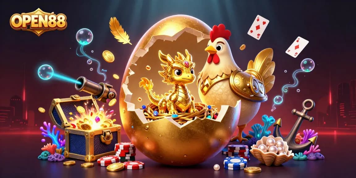 Experience the excitement of OPEN88 with a dazzling golden dragon amidst poker chips and vibrant casino elements.