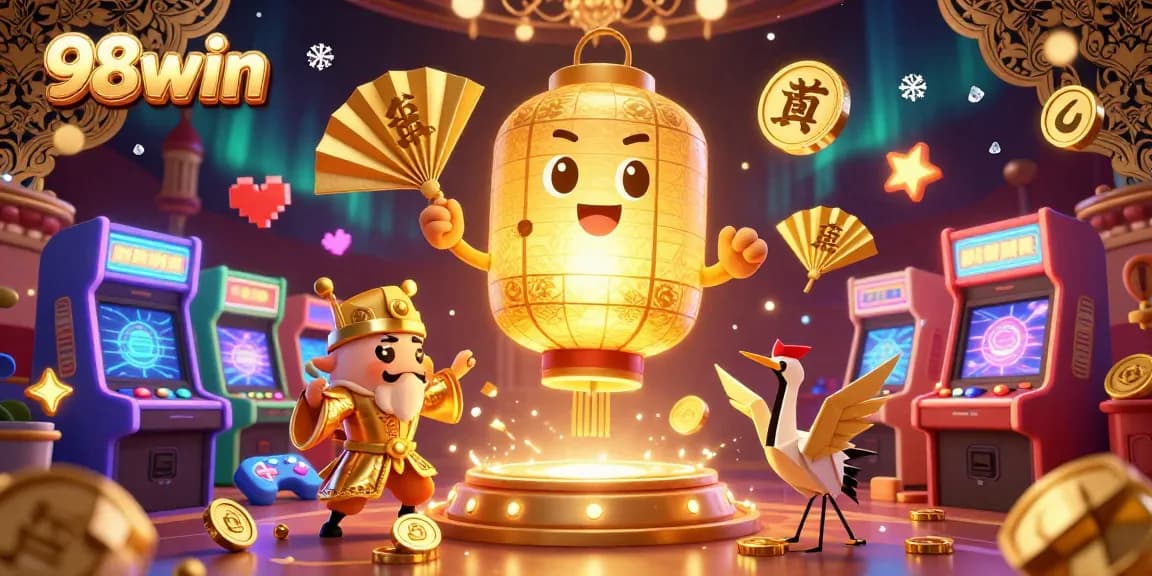 Experience the excitement of 98win with a vibrant 3D casino scene featuring unique characters and arcade elements.