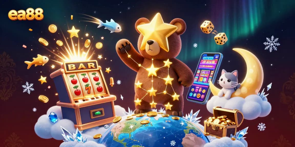 Experience the excitement of ea88 with a constellation bear and jackpot explosion in a vibrant casino scene.