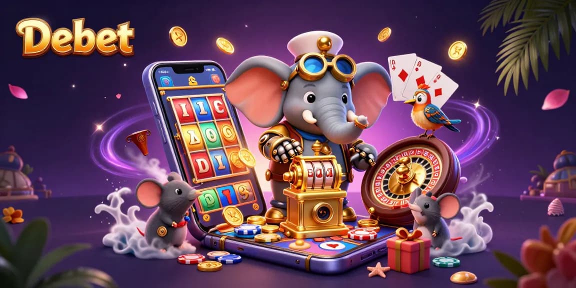 Engage in thrilling gameplay with Debet as 3D characters celebrate slot victories amidst vibrant casino elements.