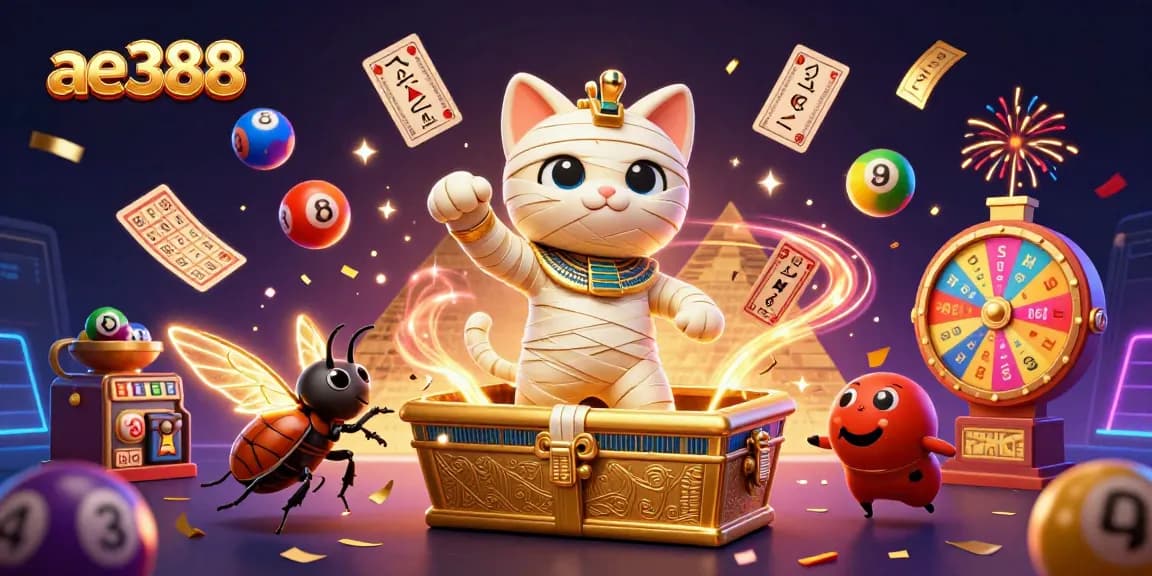 Experience exhilarating wins with ae388 featuring a cartoon mummy cat amid thrilling casino elements.