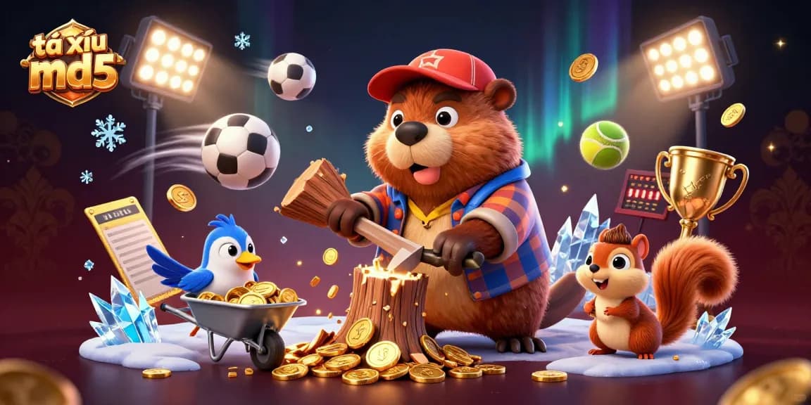 Experience exciting gameplay with tài xỉu md5 featuring a beaver chopping for golden coins while sports elements fly around.