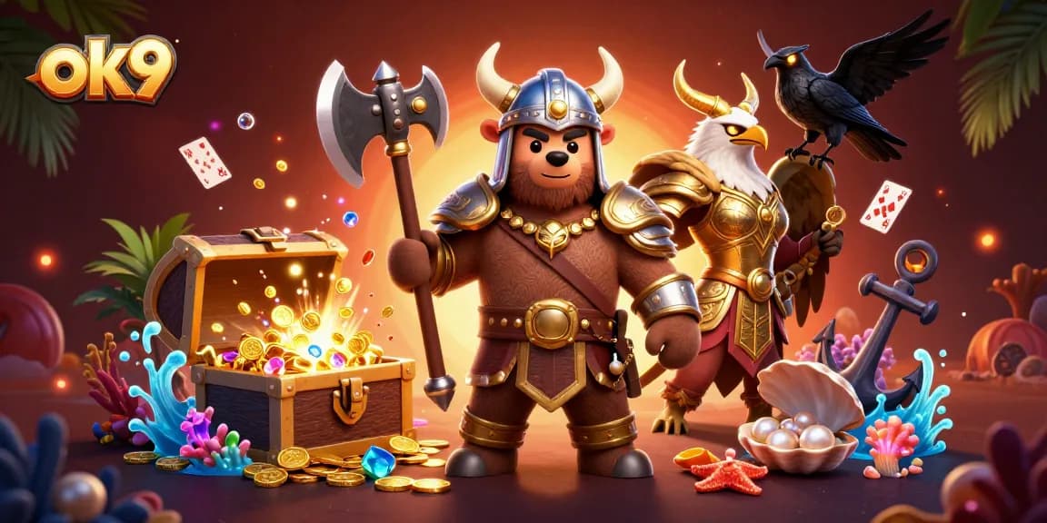 Engage with thrilling gambling action at ok9, featuring a Viking bear and Valkyrie eagle in a vibrant casino adventure.
