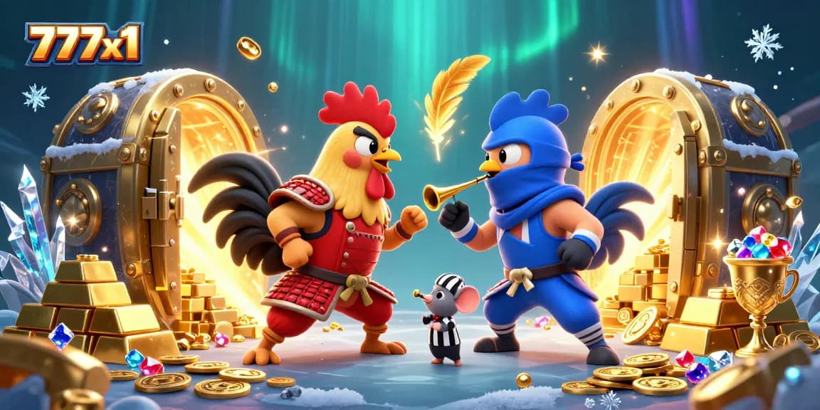 Engage in thrilling gameplay at 777x1, where twin roosters battle in an electrifying casino scene.