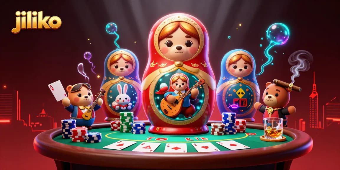 Experience thrilling action with jiliko as Russian nesting dolls reveal casino dealers in a vibrant gaming scene.