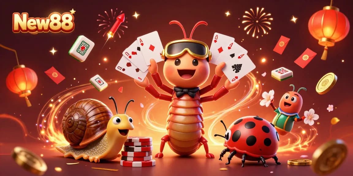 Immerse yourself in the vibrant world of New88 with a lively casino scene featuring a millipede dealer, high-roller snail, and exciting gameplay elements.
