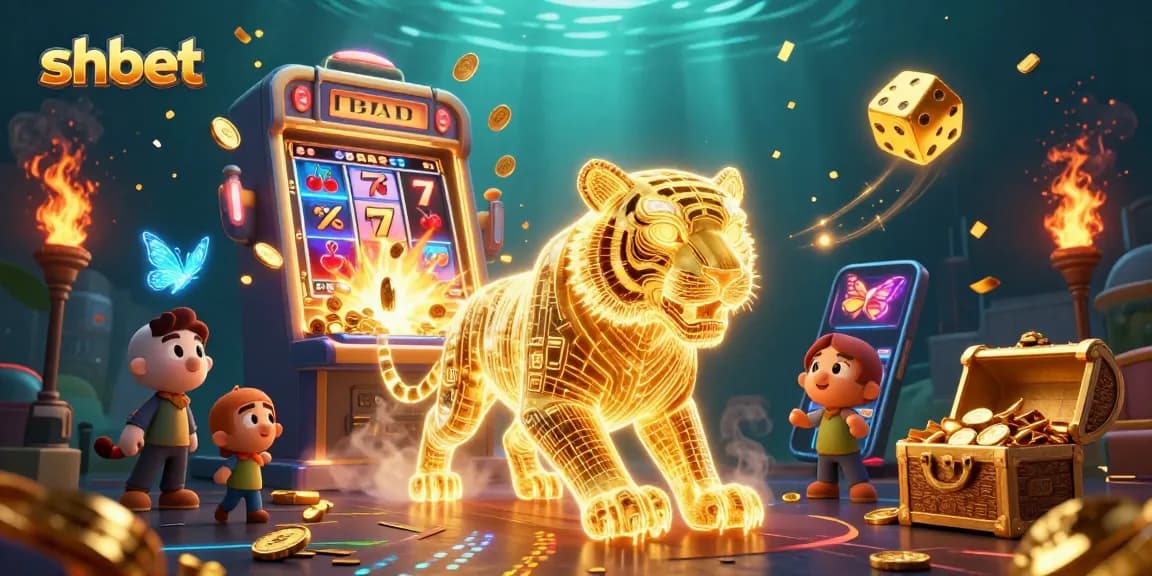 Experience thrilling gameplay with SHBET's stunning digital casino scene featuring vibrant slot machines and a majestic golden tiger.