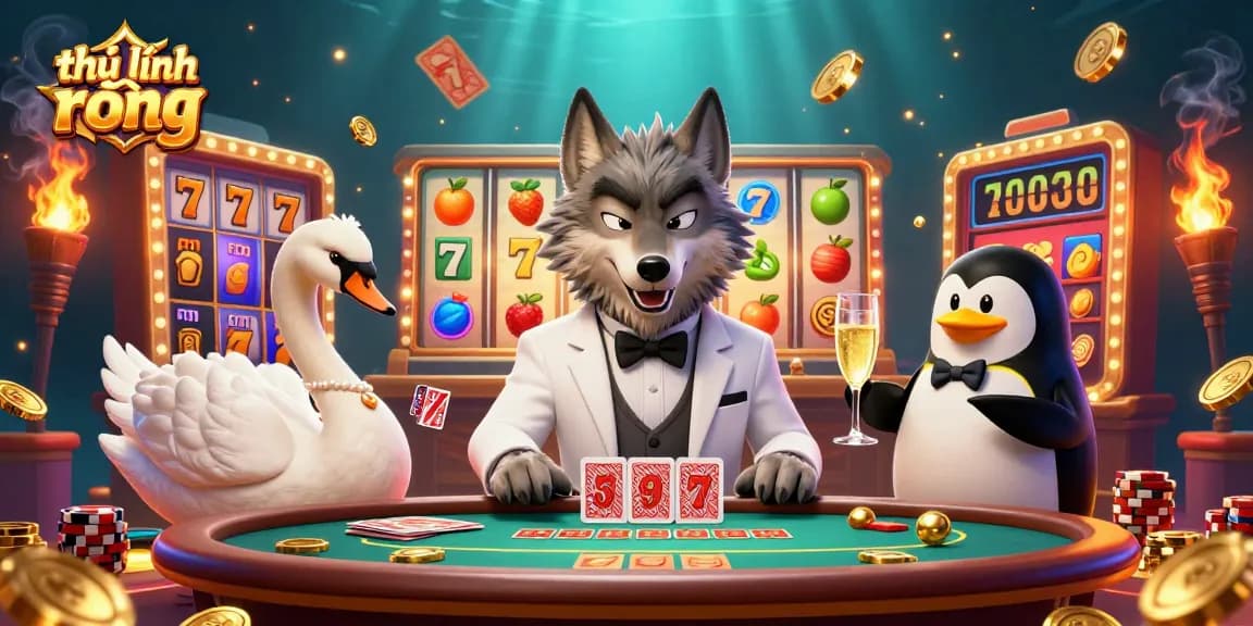 Exclusive scene of thủ lĩnh rồng showcasing a debonair wolf at the baccarat table surrounded by vibrant slot elements