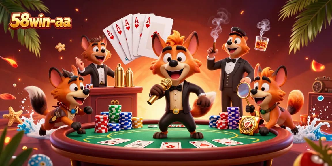 Hyenas entertain at a comedy casino club with the 58win-aa scene, featuring vibrant games and laughter.