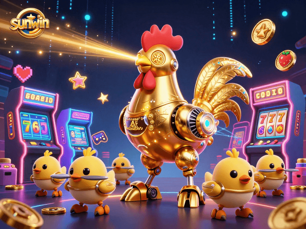sunwin presents a vibrant 3D casino scene with a golden rooster robot and arcade game elements.