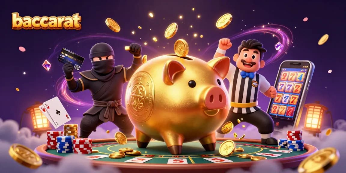 Experience baccarat action with a dynamic illustration of a golden piggy bank sumo wrestler.