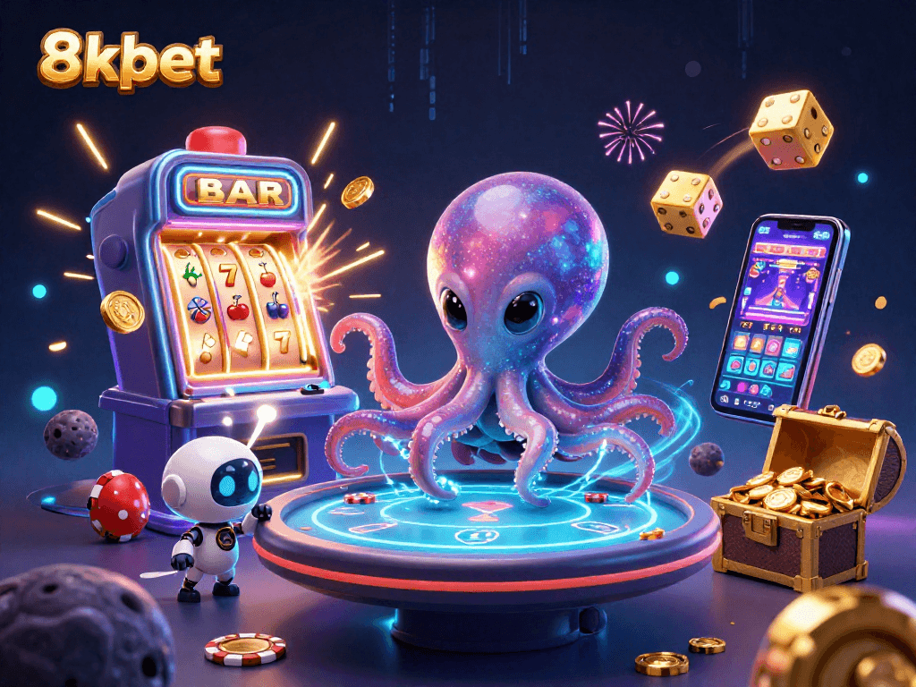 Experience thrilling gaming at 8xbet with alien octopus dealer and vibrant casino elements.