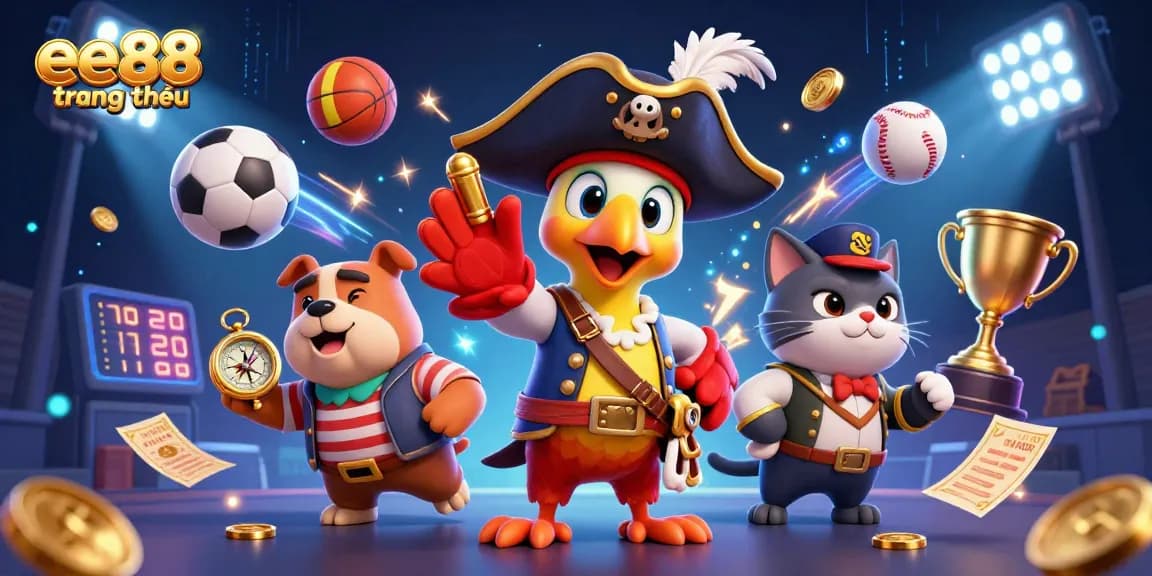 Experience the thrill of ee88 trang chủ with a dynamic scene featuring a pirate captain, racing sports balls, and lively casino elements.