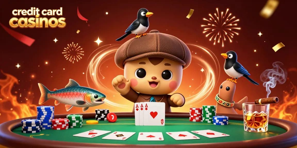 Engage with credit card casinos featuring fun characters and dynamic casino elements in a festive atmosphere.