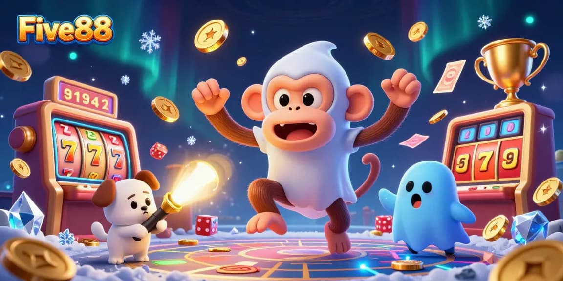 Engage with Five88's vibrant casino experience, featuring a playful poltergeist monkey and ghost-hunter puppy.